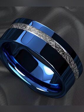 Men's 304 Stainless Steel Blue Wedding Band Ring with Textured Silver Inlay